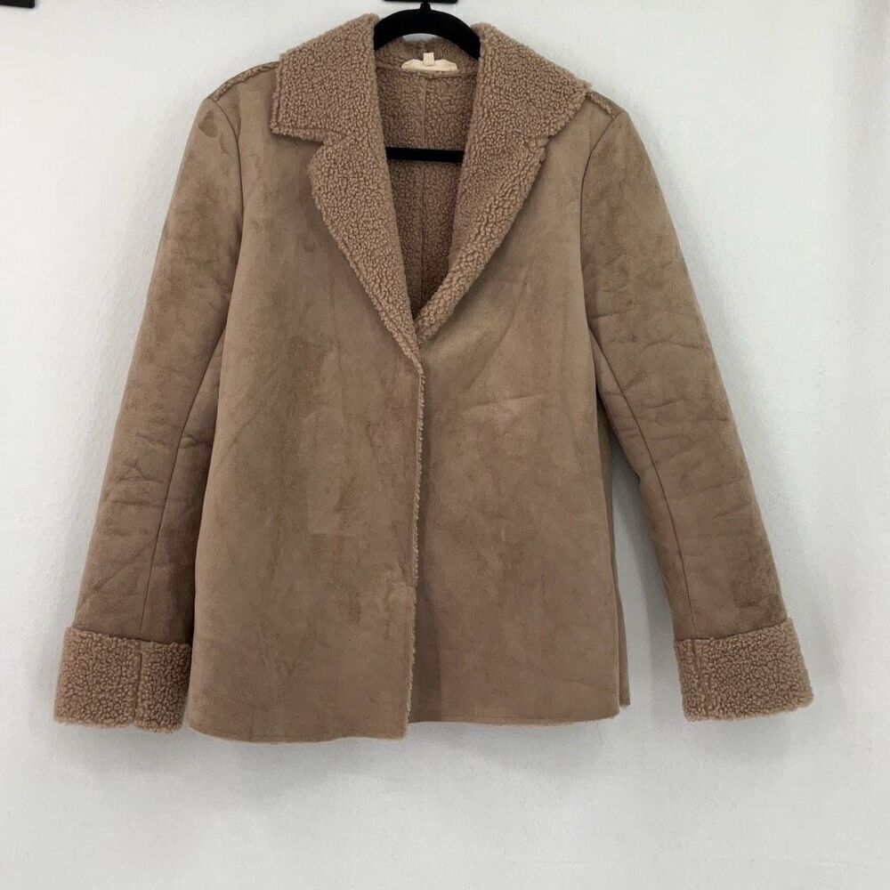 Solitaire Tan Long Sleeve Notch Lapel Faux Suede Sherpa Lined Coat Size Small